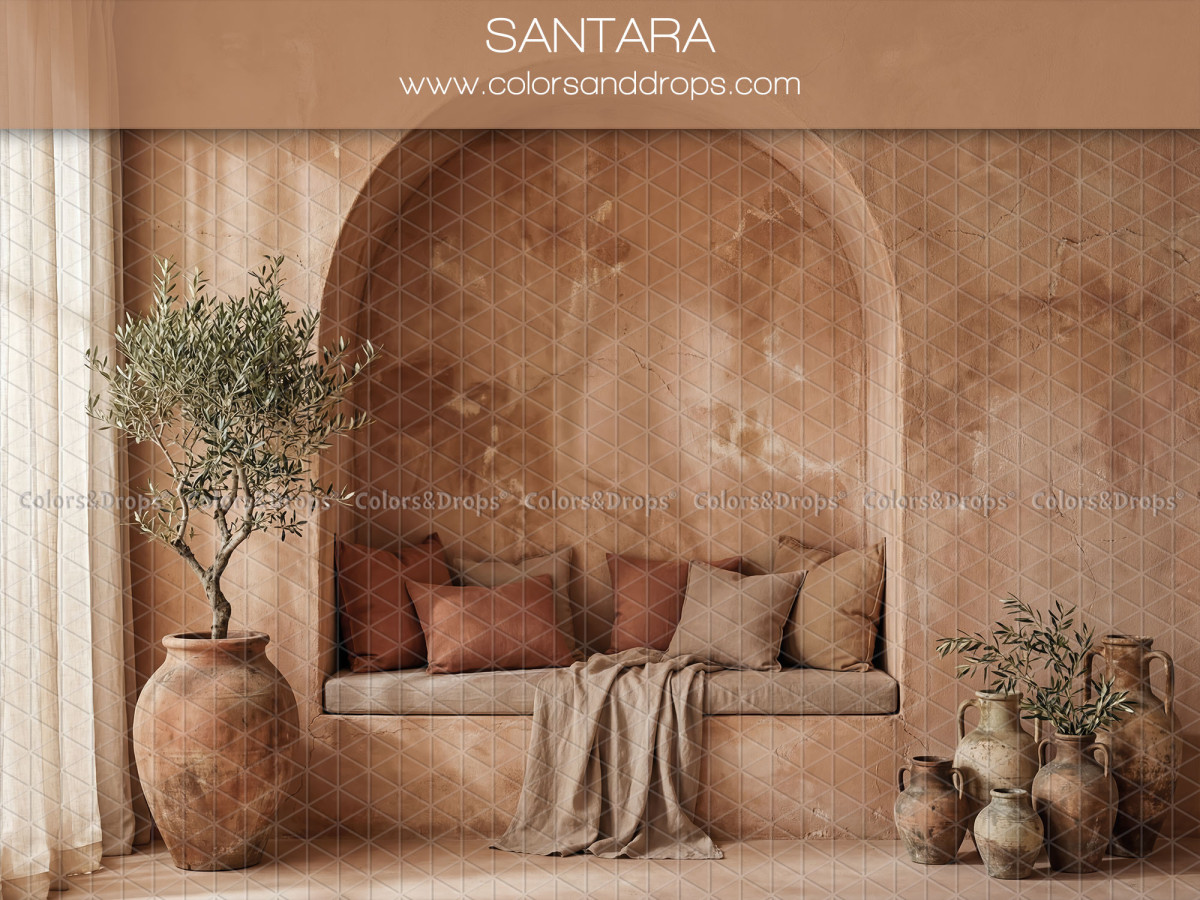Fond photo bohème Santara – alcôve terracotta avec banquette, coussins et olivier | Colors&Drops