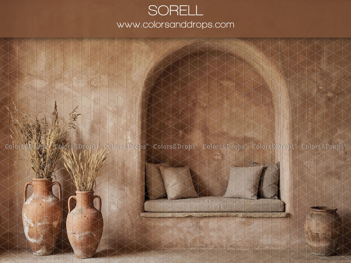 Fond photo bohème Sorell – alcôve terracotta avec banquette et jarres de pampa | Colors&Drops