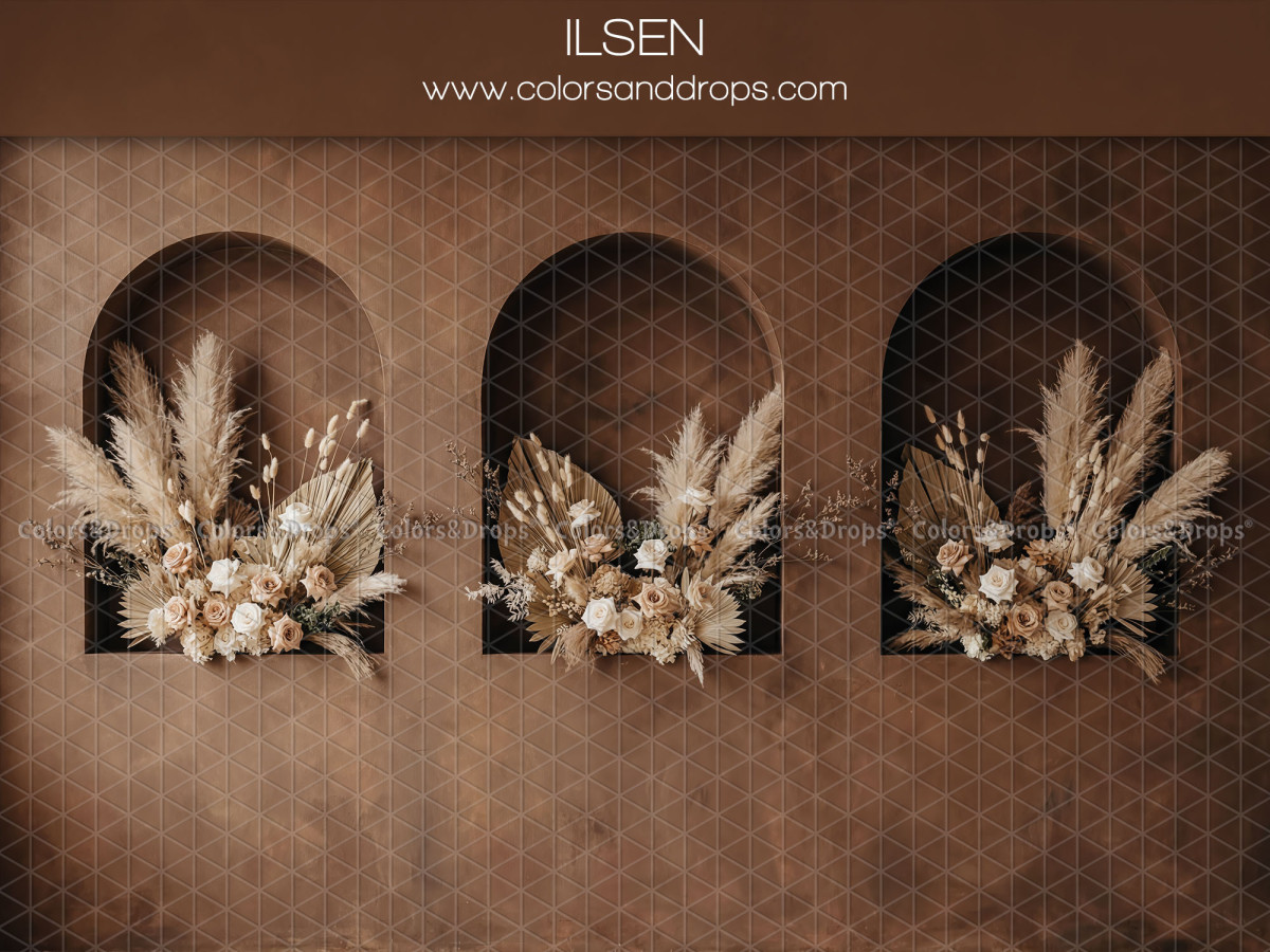 Fond photo bohème Ilsen – trois niches brunes avec bouquets de pampa | Colors&Drops