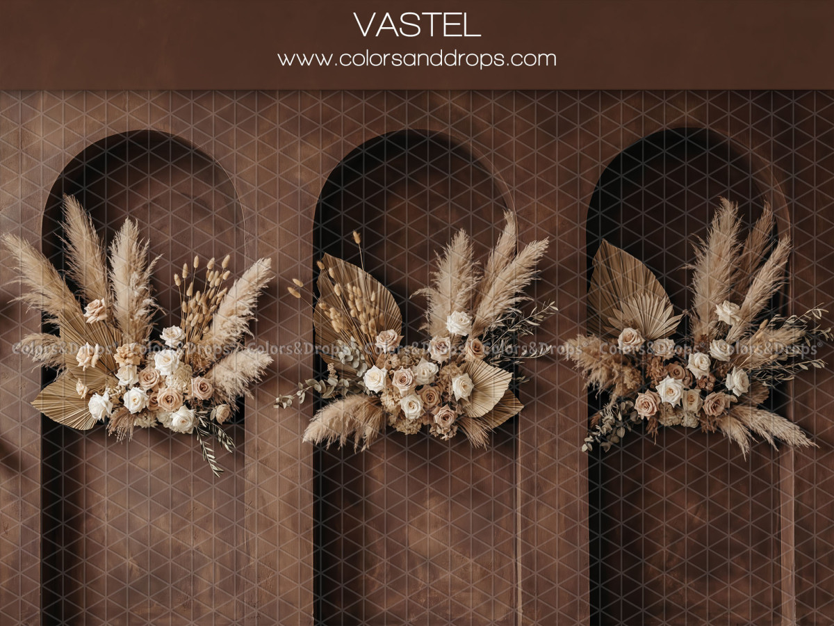 Fond photo bohème Vastel – arcades brunes avec compositions de pampa et fleurs | Colors&Drops