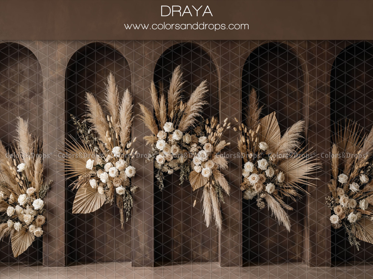 Fond photo bohème Draya – arcades brunes avec bouquets de pampa suspendus | Colors&Drops