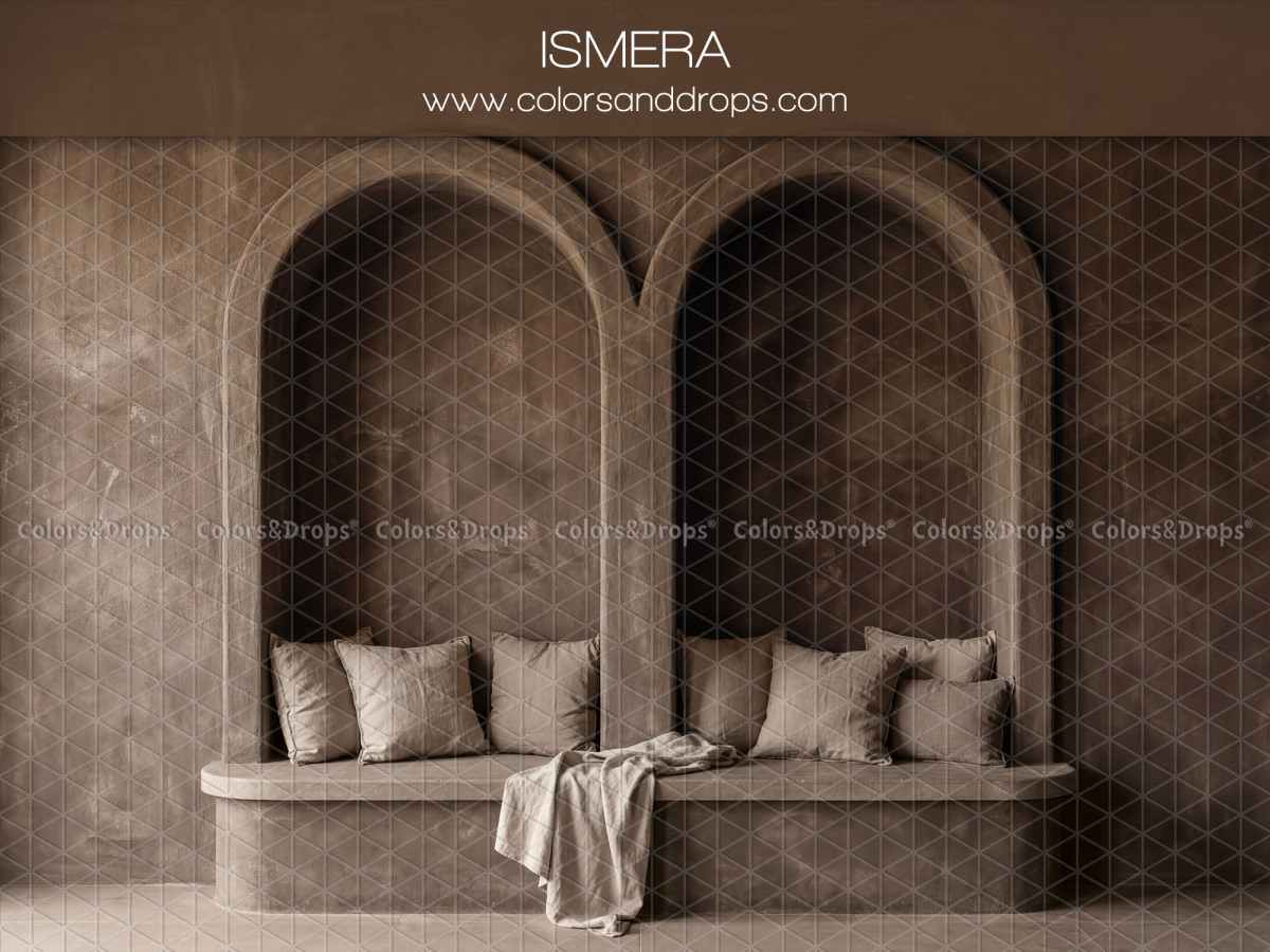 Fond photo bohème Ismera – double alcôve brune avec banquette et coussins | Colors&Drops