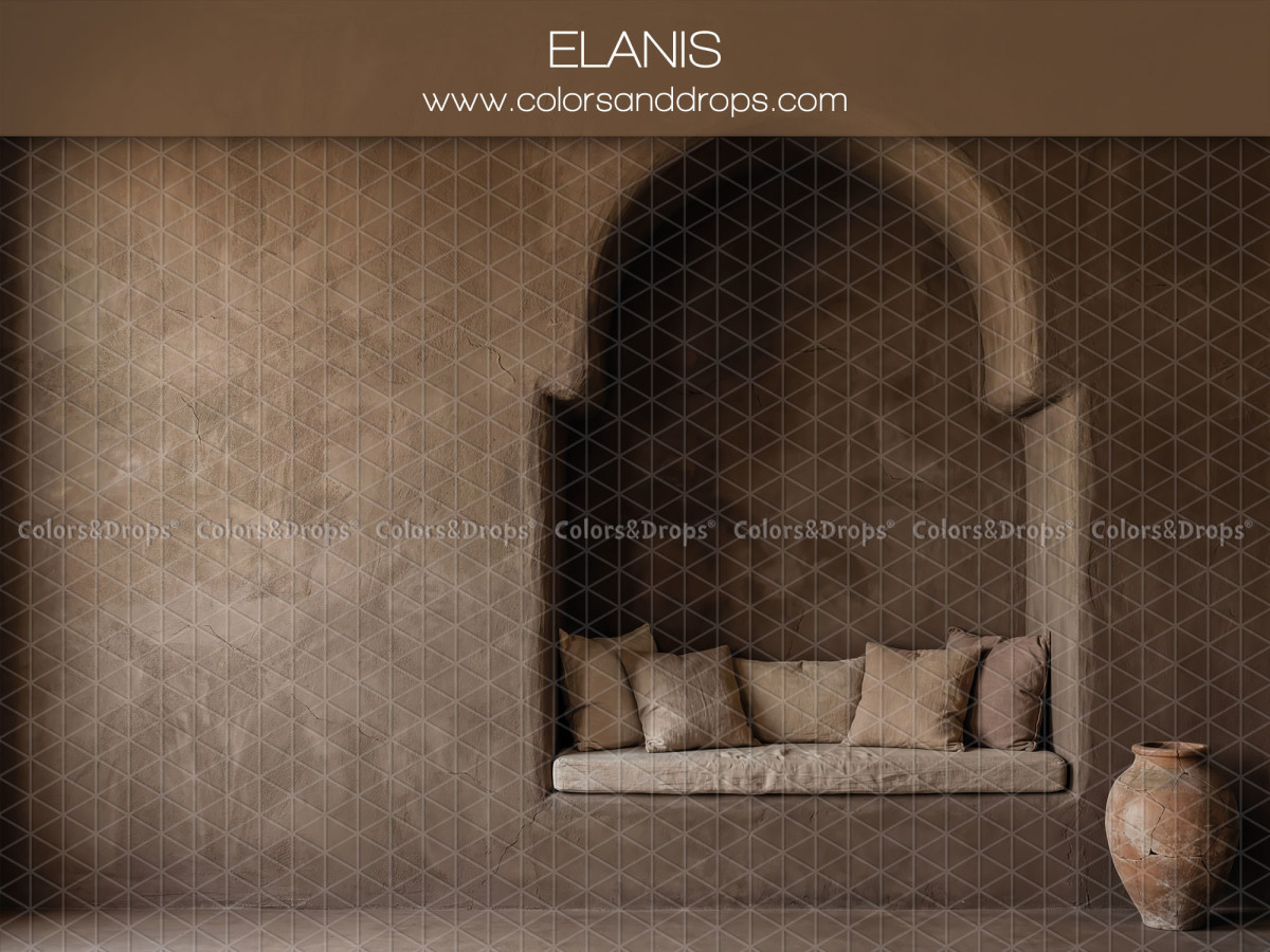 Fond photo bohème Elanis – alcôve brune avec banquette, coussins et jarre | Colors&Drops