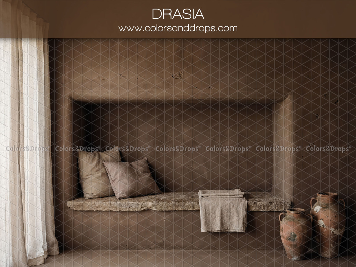 Fond photo bohème Drasia – alcôve rectangulaire brune avec banquette et jarres | Colors&Drops