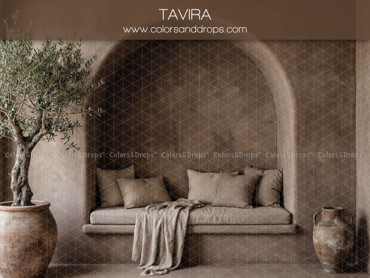 Fond photo bohème Tavira – alcôve brune avec banquette et grand olivier | Colors&Drops