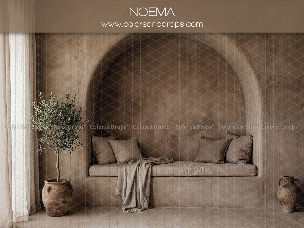 Fond photo bohème Noema – alcôve brune avec banquette et olivier en pot | Colors&Drops