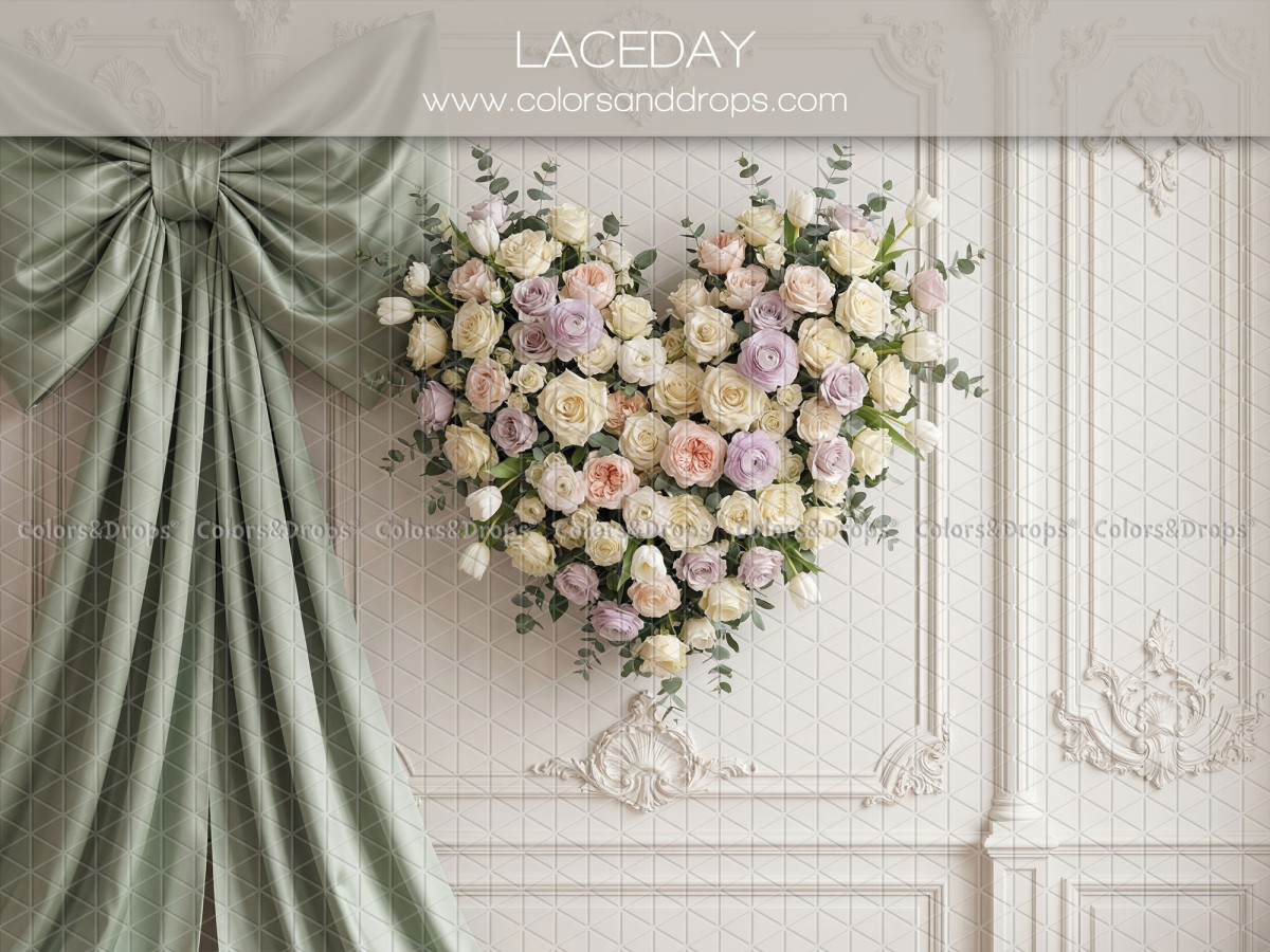 Fondo fotográfico boho Laceday – corazón de flores pastel y lazo verde | Colors&Drops