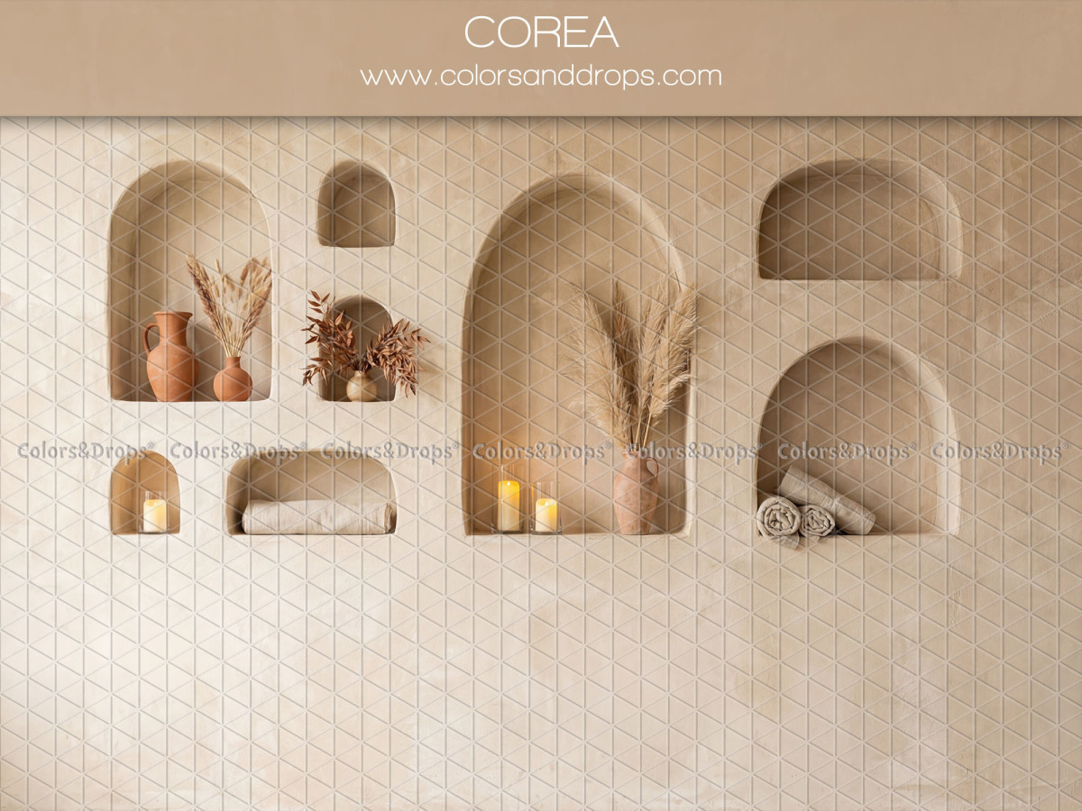 Fondo fotográfico boho Corea – pared beige con hornacinas abovedadas, jarrones y velas | Colors&Drops