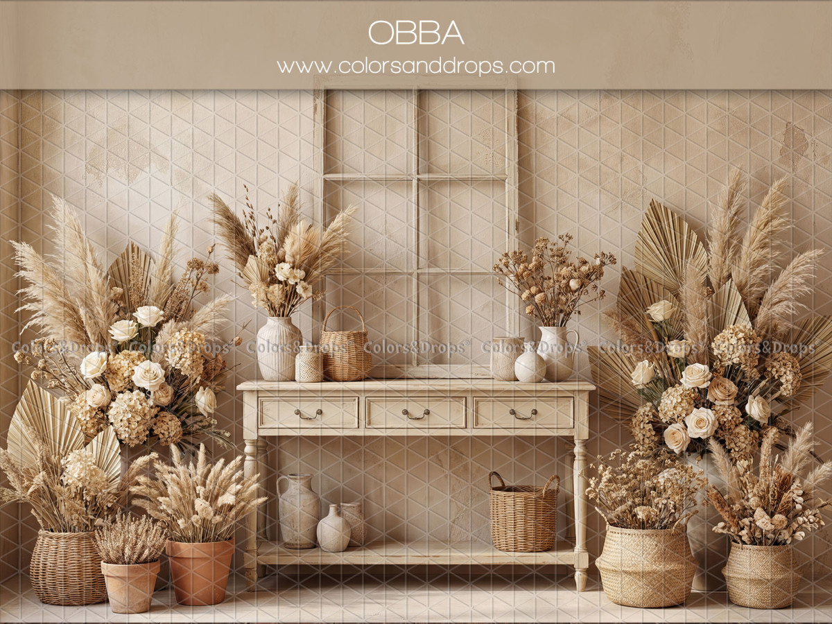 Fond photo bohème Obba – console blanche avec pampa et vases sur mur beige | Colors&Drops