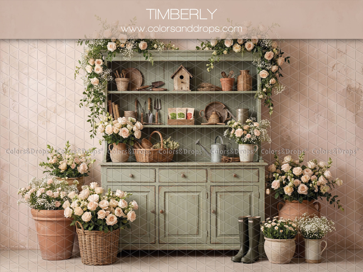 Fondo fotográfico boho Timberly – aparador verde salvia florido con macetas de flores | Colors&Drops