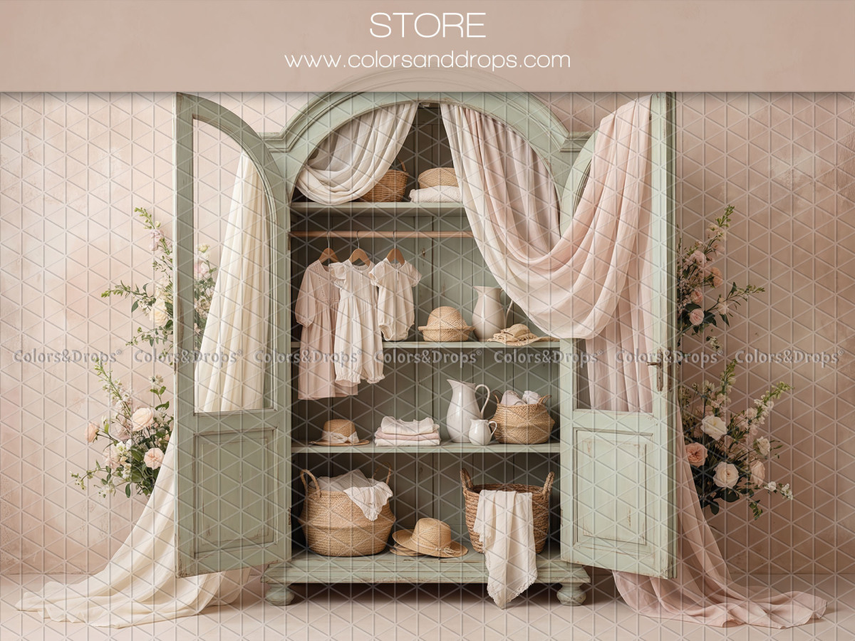 Fondo fotográfico boho Store – armario verde salvia abierto con ropa y visillo | Colors&Drops