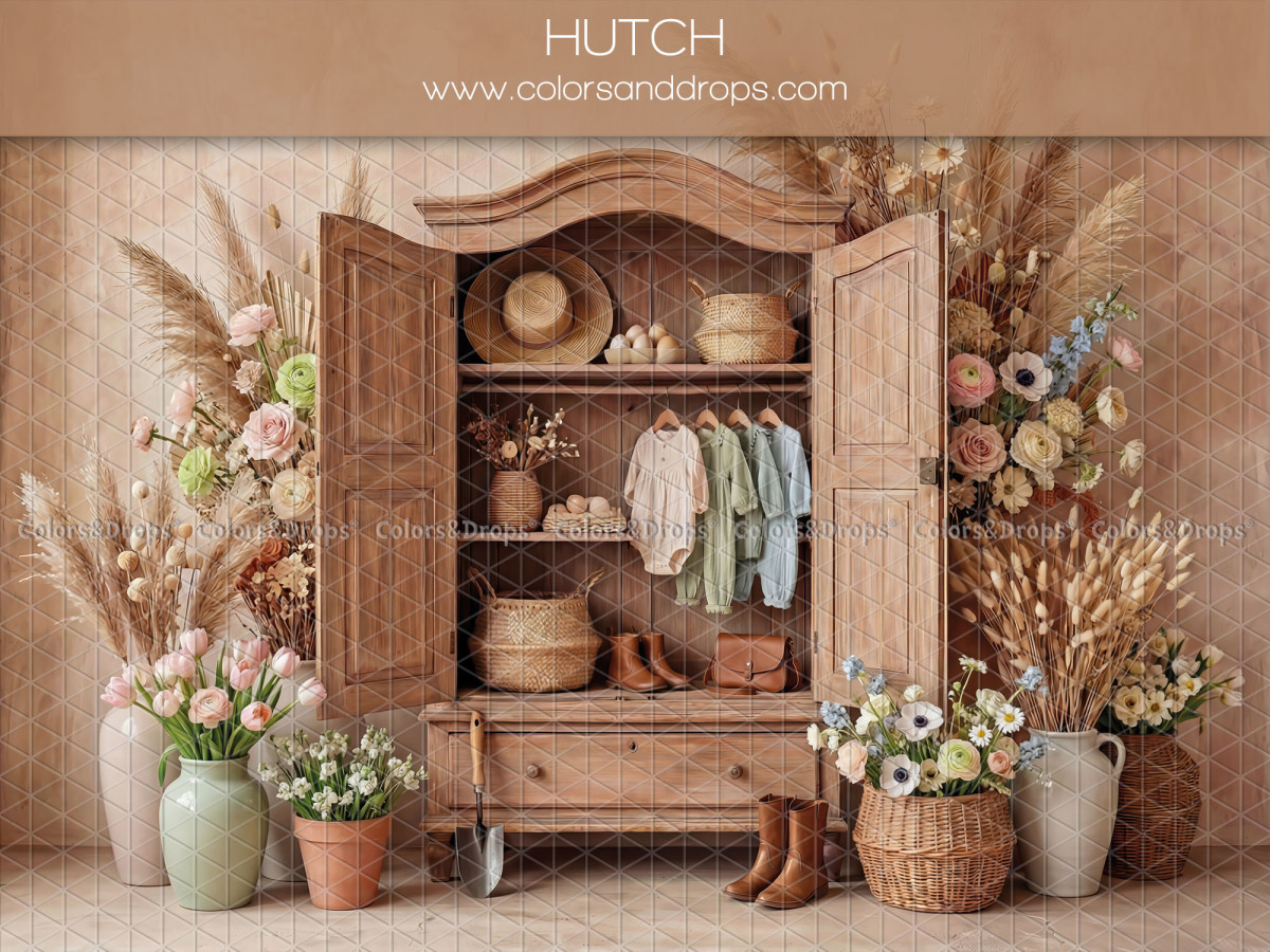 Fondo fotográfico boho Hutch – armario de madera abierto con ropa y flores | Colors&Drops