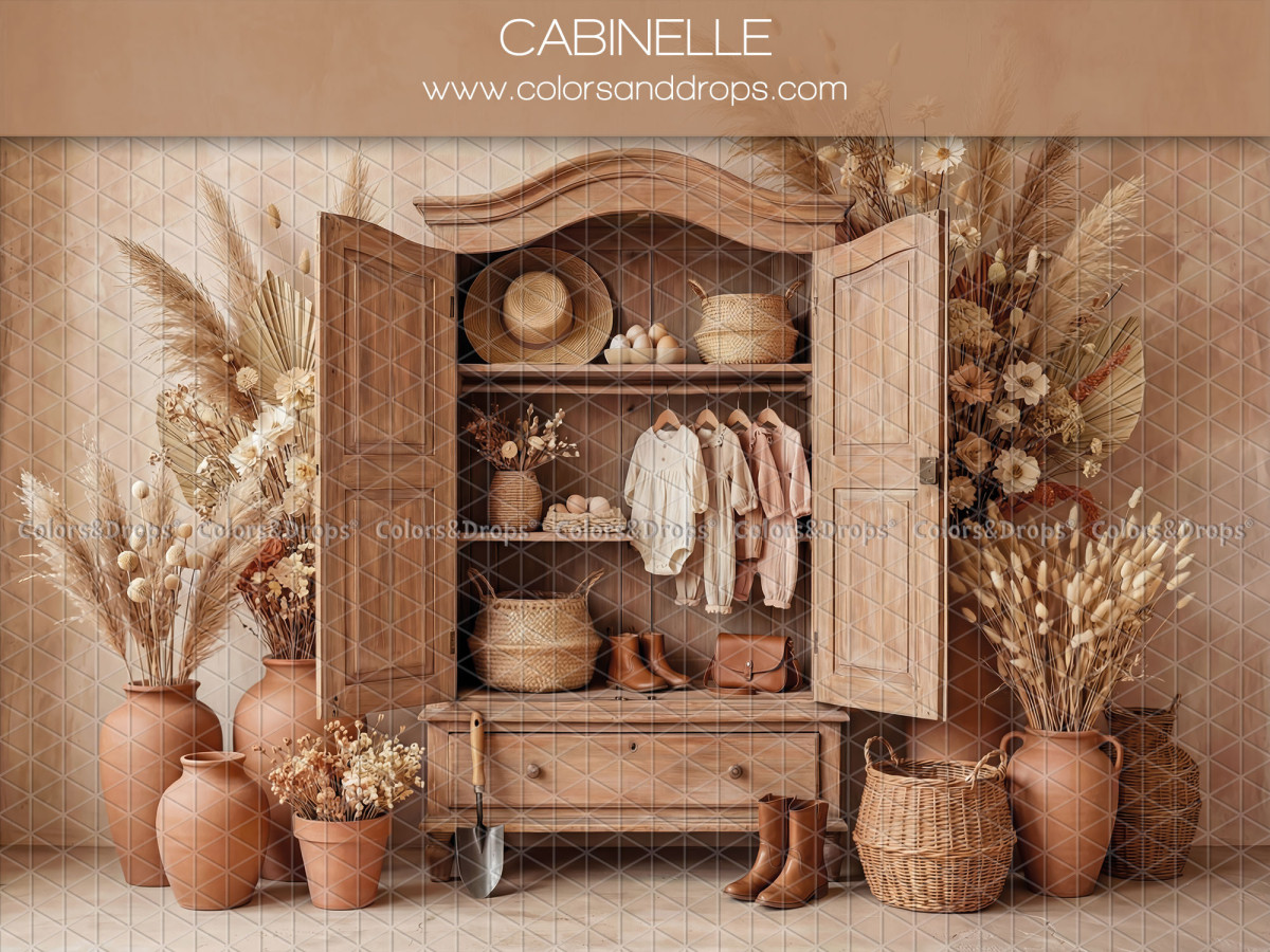 Fondo fotográfico boho Cabinelle – armario de madera abierto con ropa de bebé y pampa | Colors&Drops