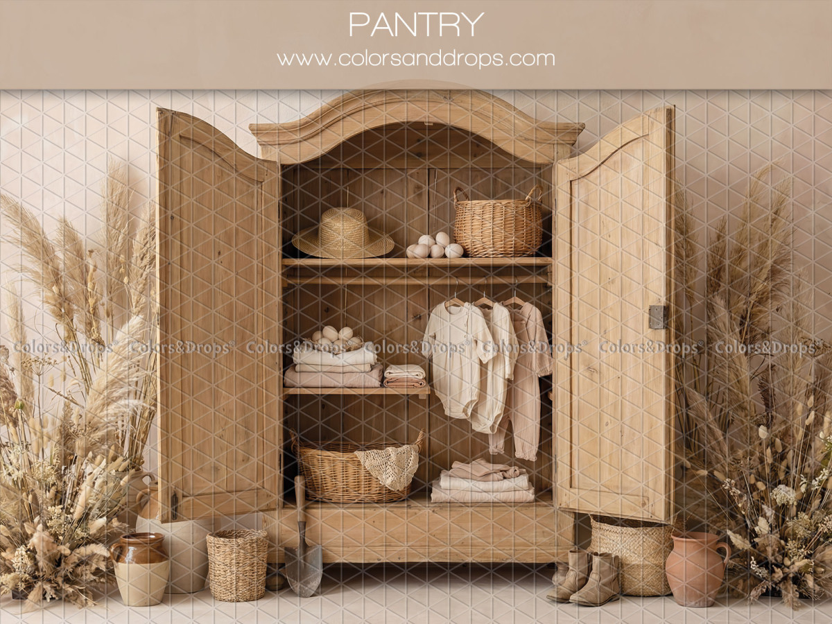 Fondo fotográfico boho Pantry – armario de madera clara abierto con ropa y pampa | Colors&Drops