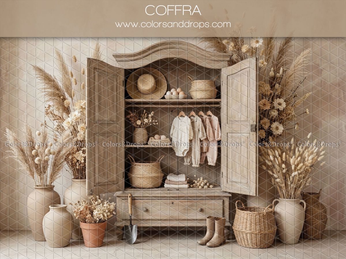 Fondo fotográfico boho Coffra – armario de madera abierto con ropa y jarrones | Colors&Drops