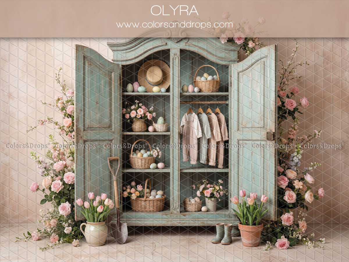 Fondo fotográfico boho Olyra – armario gris azulado abierto con ropa y rosas | Colors&Drops