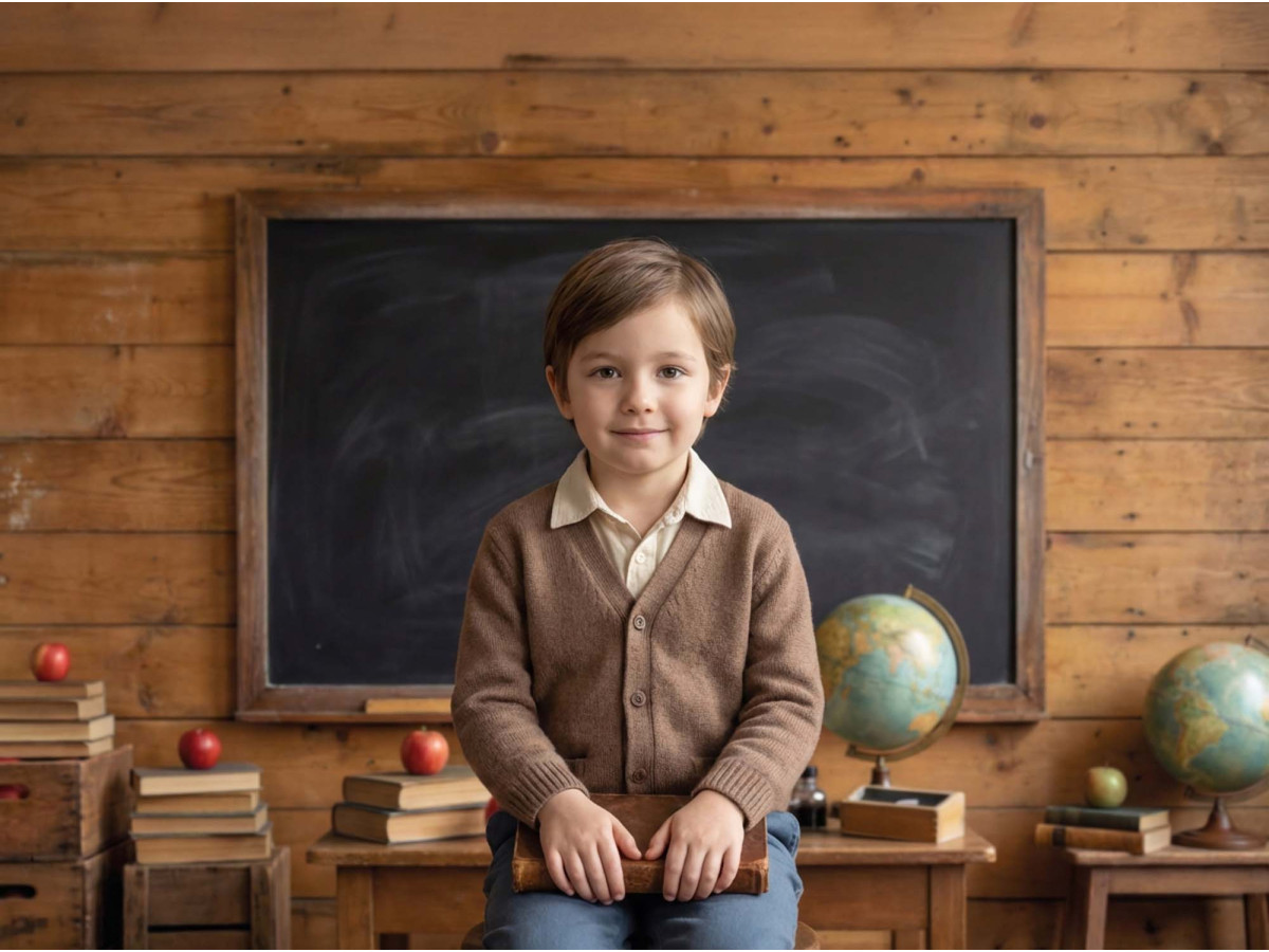 Fond photo scolaire Mundi – tableau noir sur mur en planches avec globes | Colors&Drops