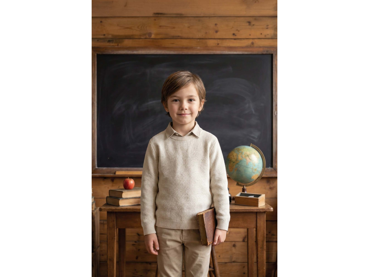 Fond photo scolaire Mundi – tableau noir sur mur en planches avec globes | Colors&Drops