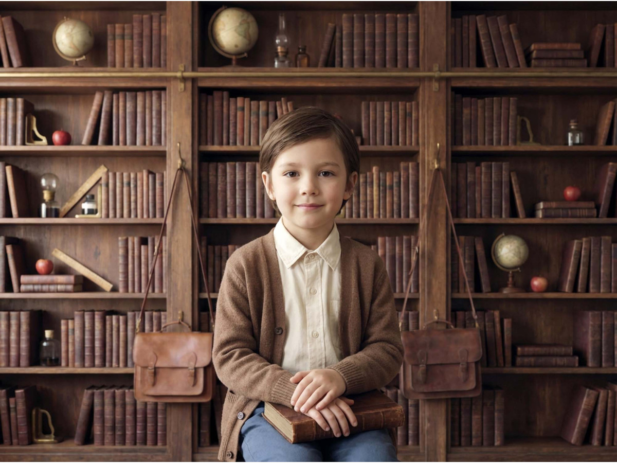 School portrait photo backdrop Spells – antique wooden bookcase with satchels | Colors&Drops