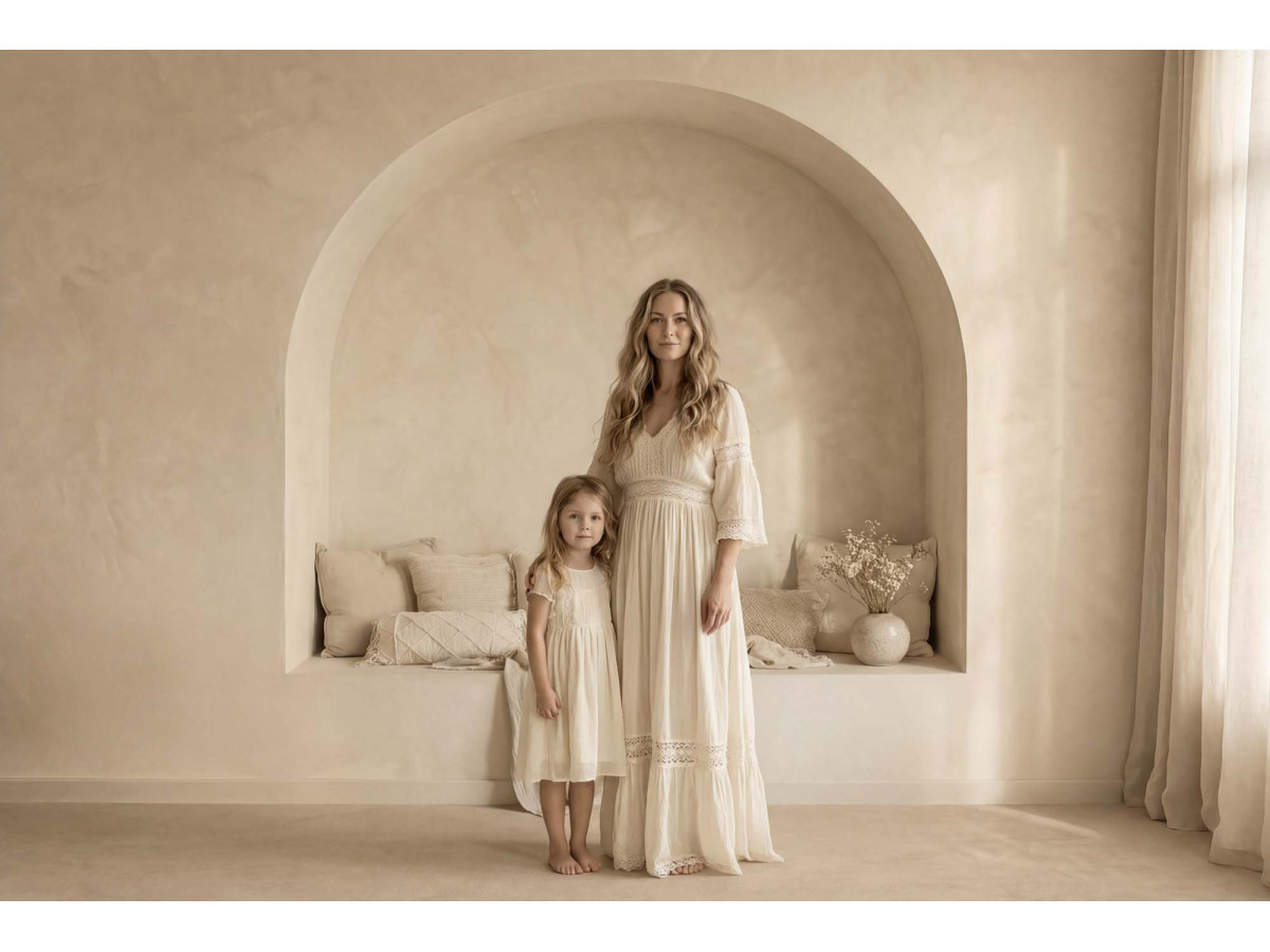 Photo backdrop Deboho – vaulted alcove with bench seat and cream cushions | Colors&Drops