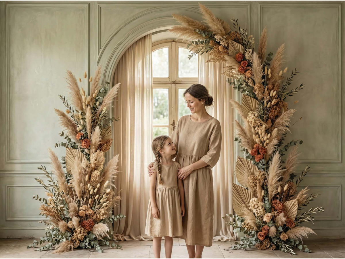 Boho photo backdrop Meriya – arched French window with pampas arch | Colors&Drops
