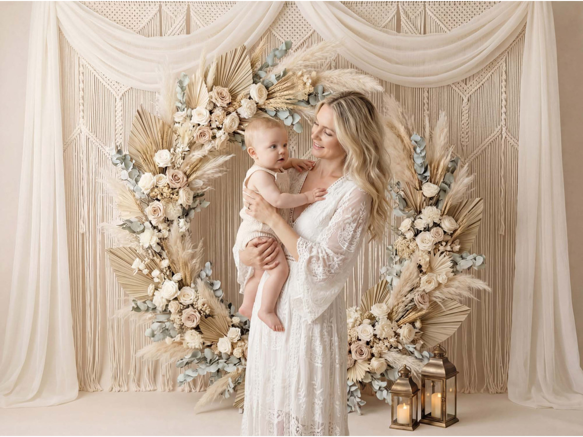 Fondo fotográfico boho Pure Fold – círculo de flores y pampa ante macramé | Colors&Drops