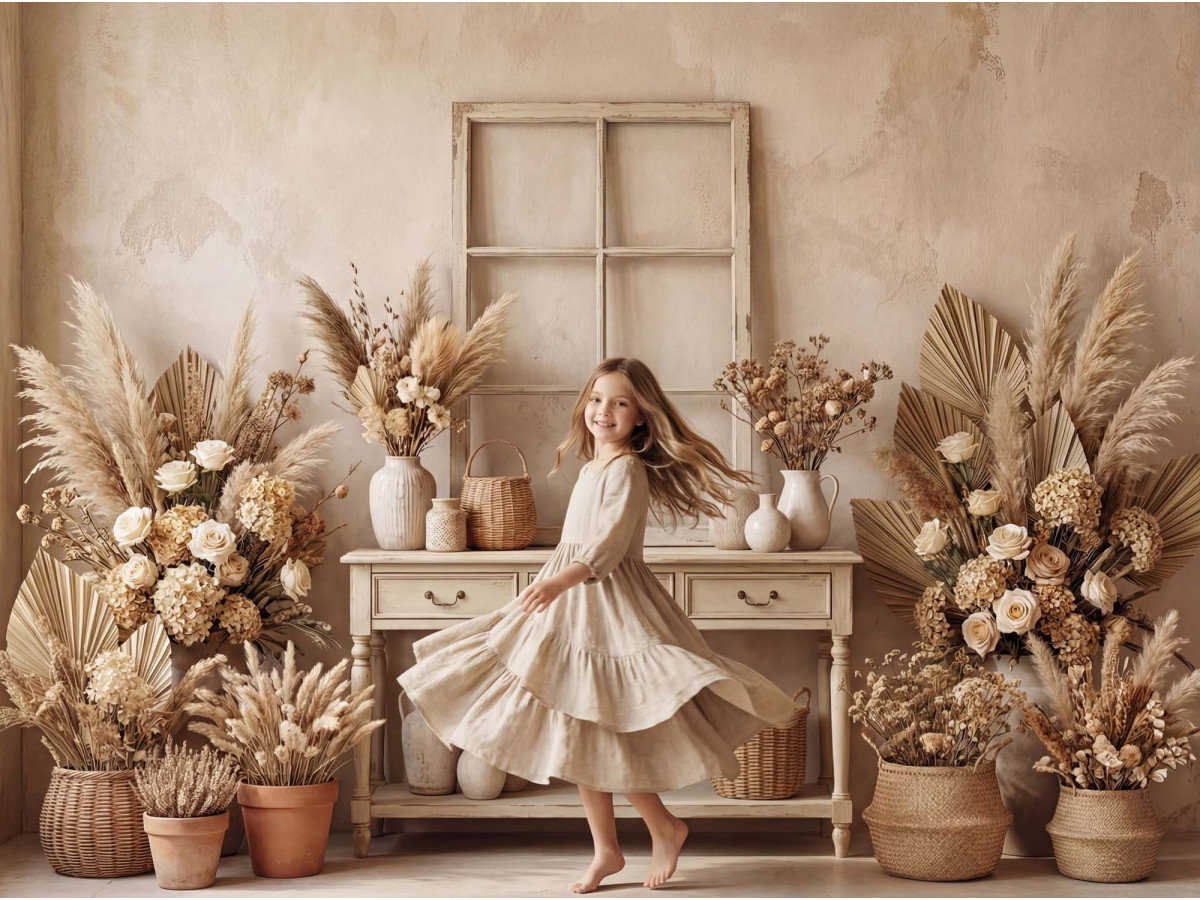 Fond photo bohème Obba – console blanche avec pampa et vases sur mur beige | Colors&Drops