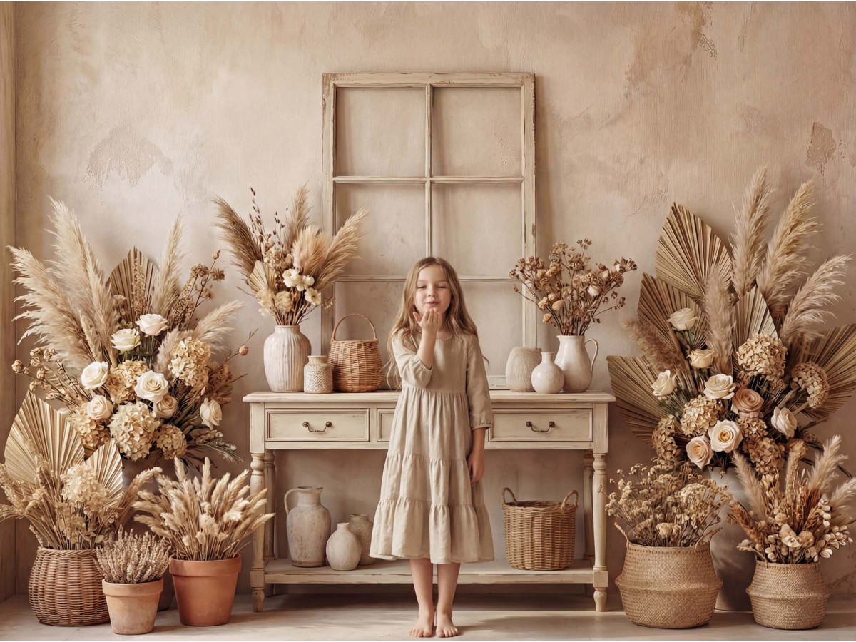 Fond photo bohème Obba – console blanche avec pampa et vases sur mur beige | Colors&Drops