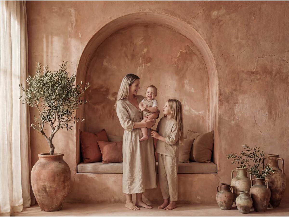 Fond photo bohème Santara – alcôve terracotta avec banquette, coussins et olivier | Colors&Drops