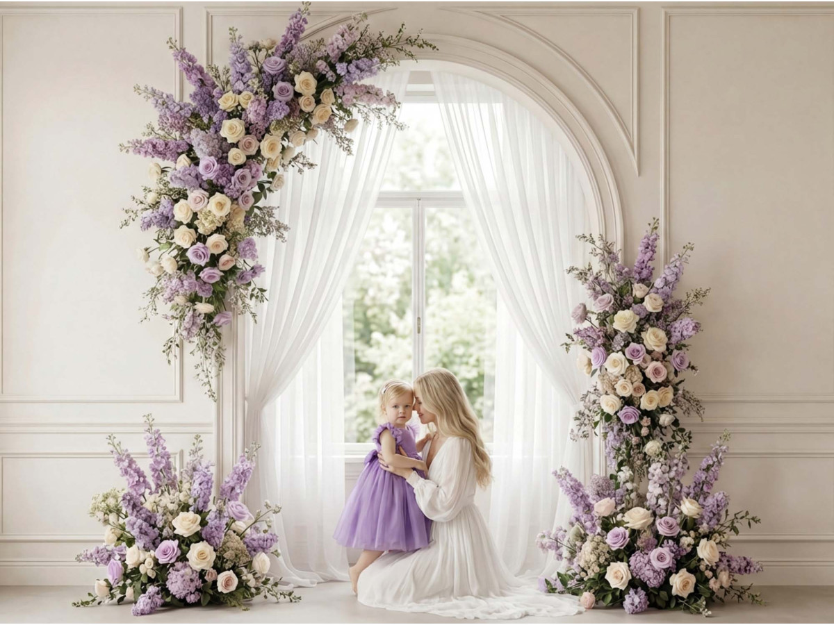 Boho photo backdrop Serina – arched window with purple flowers and sheers | Colors&Drops