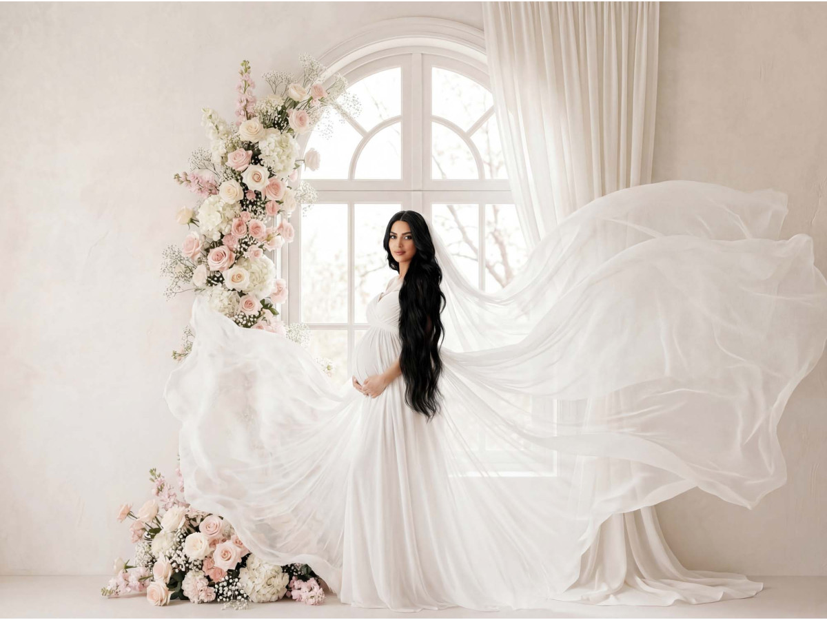 Boho photo backdrop Ophra – window with half arch of roses and sheer curtain | Colors&Drops