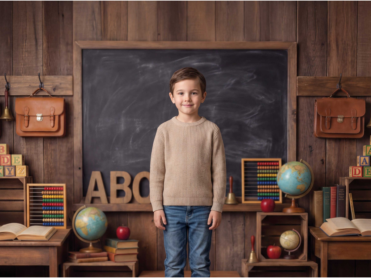 School portrait photo backdrop Black Vintage Board – vintage chalkboard on wooden wall with desks | Colors&Drops