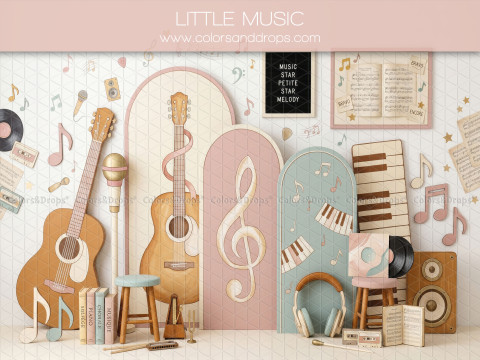 Fond photo scolaire Little Music – décor musique pastel avec guitares et clé de sol | Colors&Drops