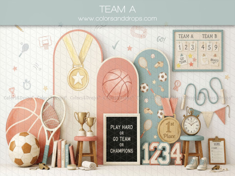 Fond photo scolaire Team – décor sport pastel avec ballons et trophées | Colors&Drops