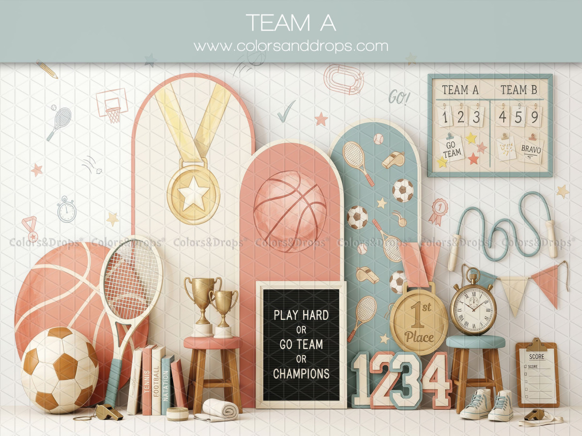 Fond photo scolaire Team – décor sport pastel avec ballons et trophées | Colors&Drops