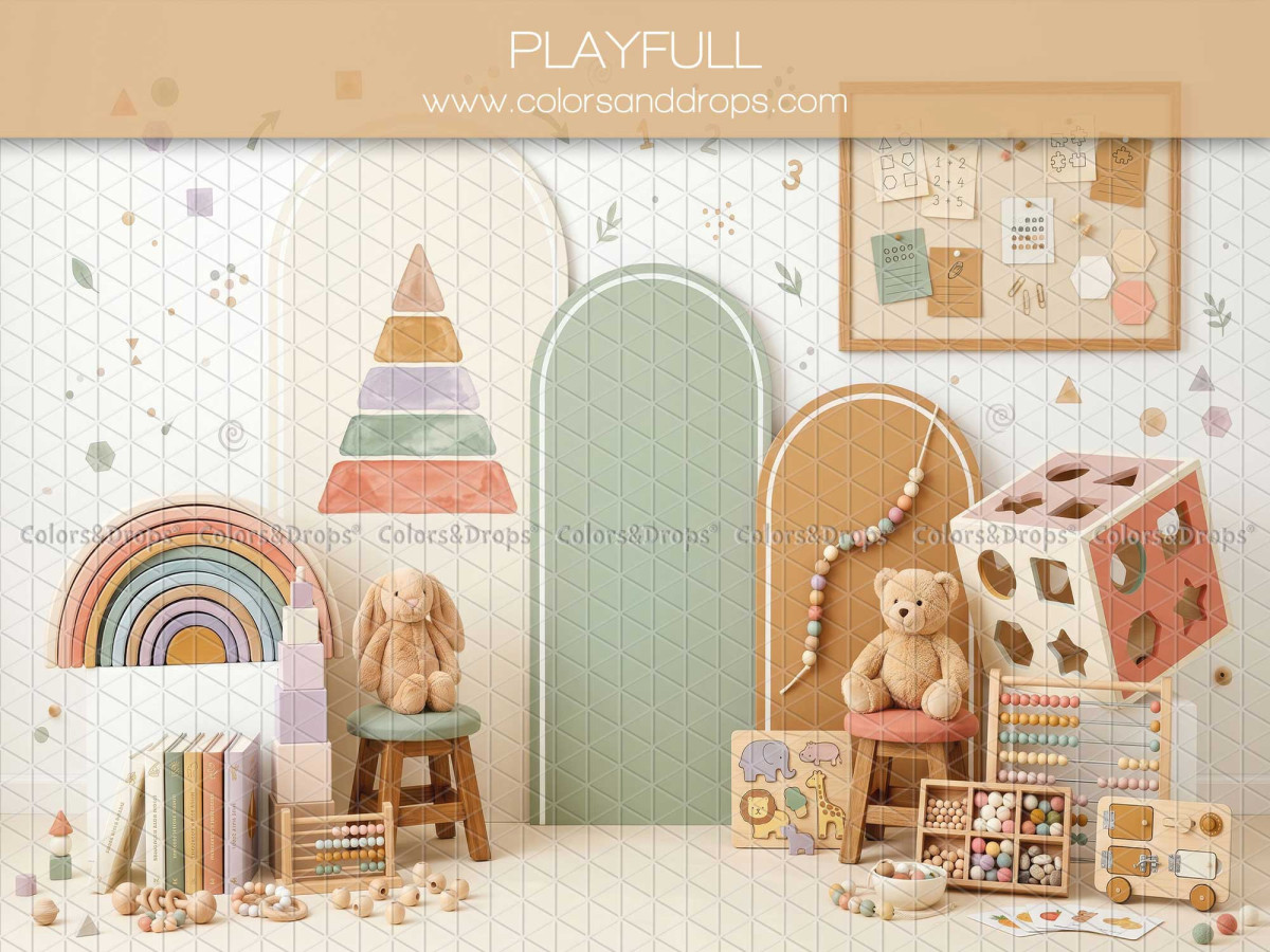 Fondo fotográfico escolar Playfull – decorado de juguetes de madera con arcoíris y ositos | Colors&Drops