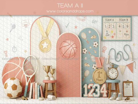 School portrait photo backdrop Team – pastel sports set with medal and balls | Colors&Drops