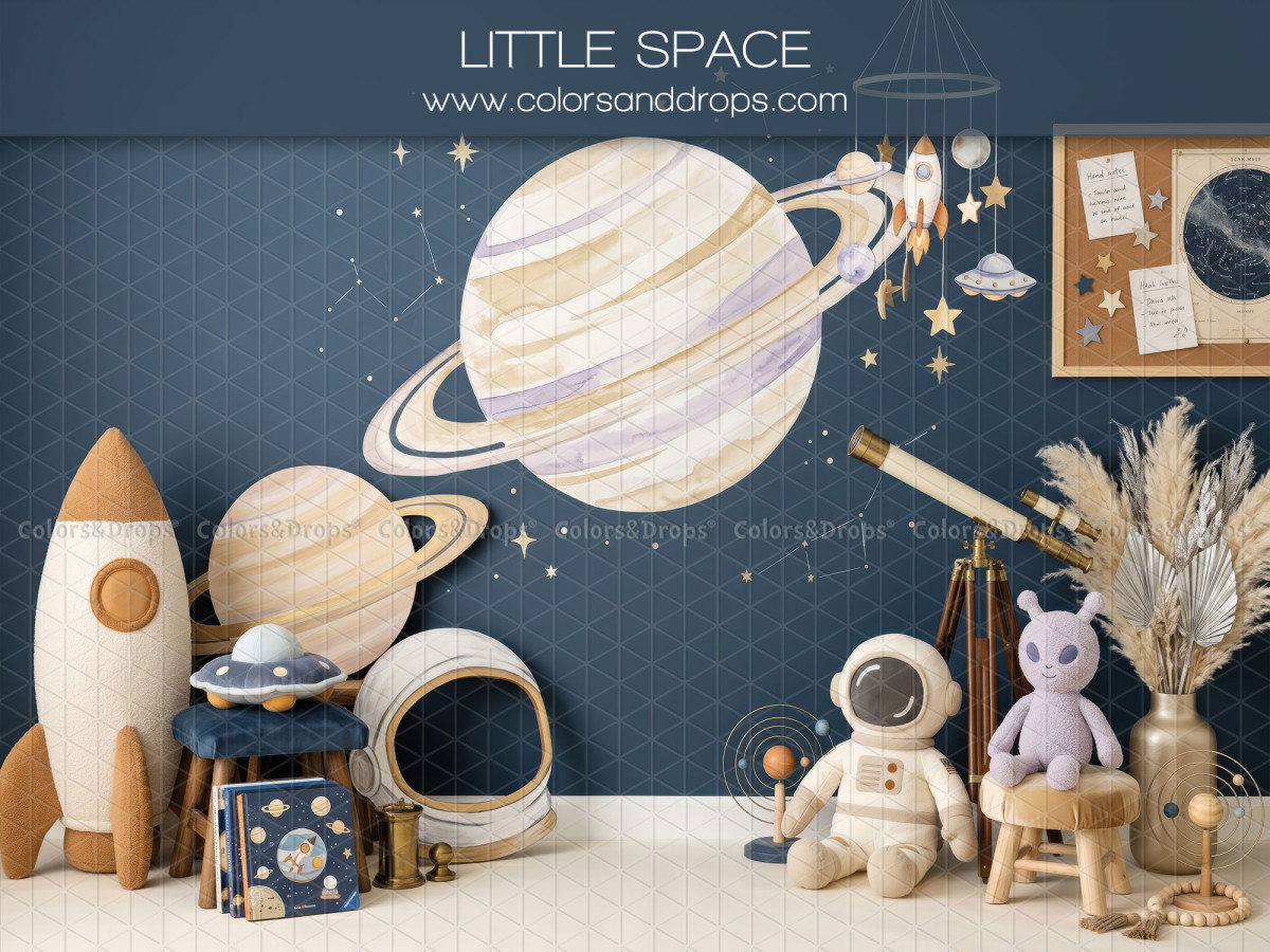 Fondo fotográfico escolar Little Space – habitación infantil espacio con planeta y cohete | Colors&Drops