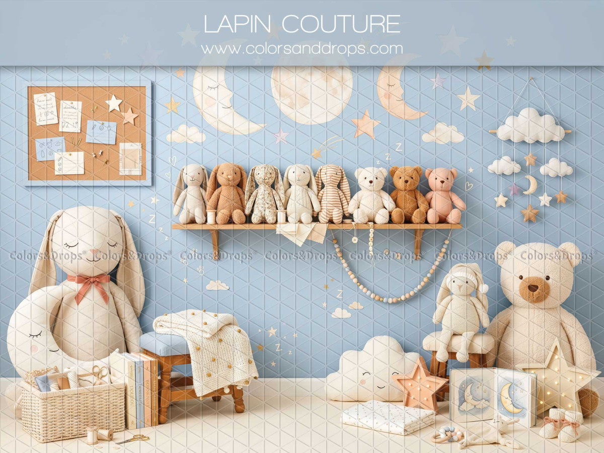 Fond photo scolaire Lapin Couture – chambre d'enfant bleue avec lapin et oursons | Colors&Drops