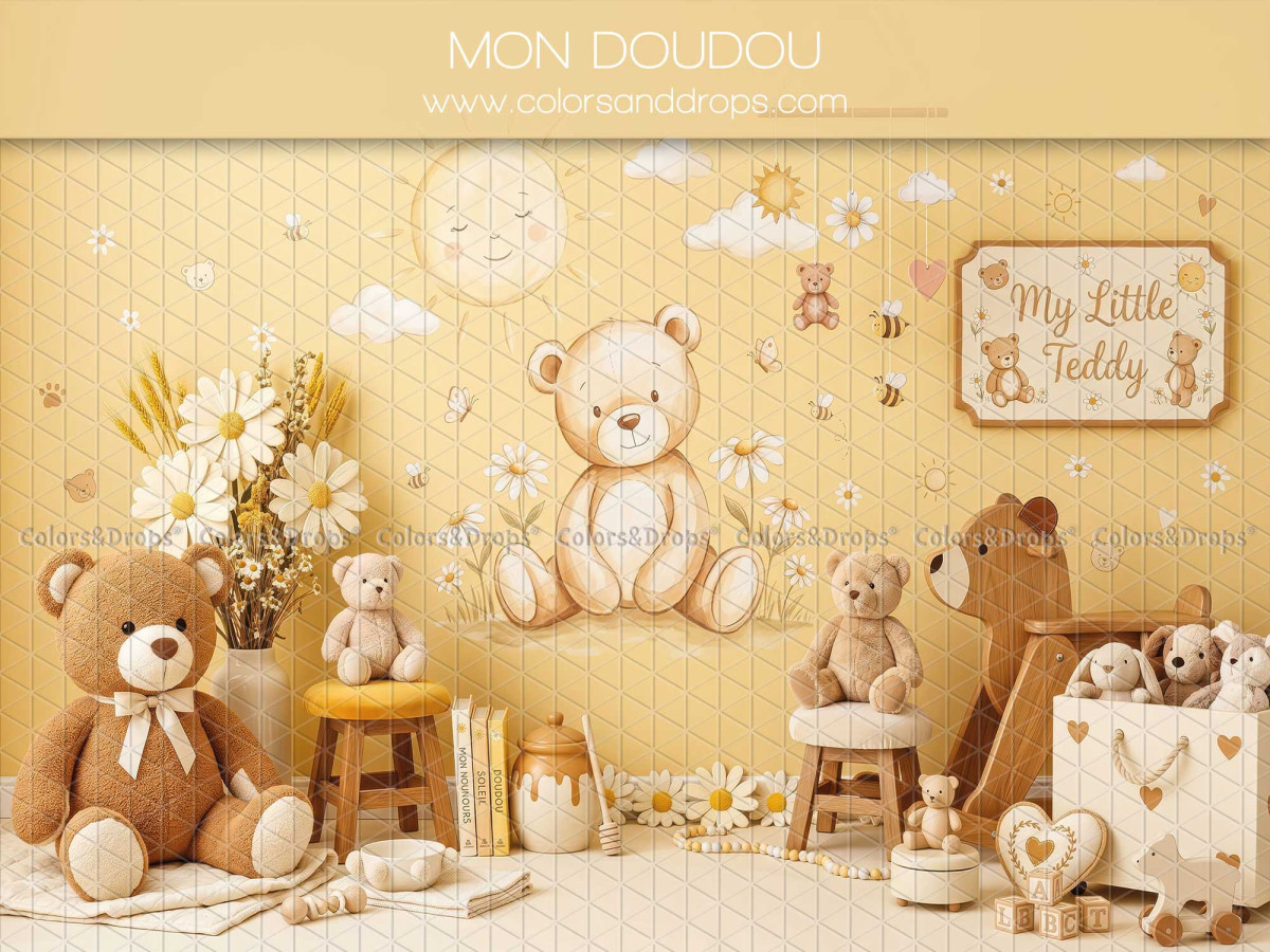 Fondo fotográfico escolar Mon Doudou – habitación infantil amarilla con ositos de peluche | Colors&Drops