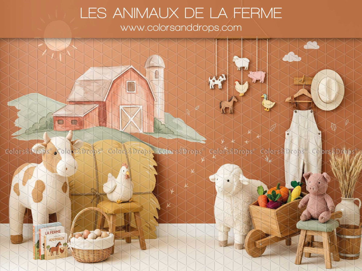 Fond photo Les Animaux de la Ferme avec grange et peluches pour séance enfant, crèche et photo scolaire