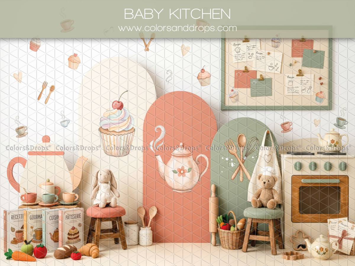 Fondo fotográfico escolar Baby Kitchen – cocina bebé pastel con tetera y cupcake | Colors&Drops