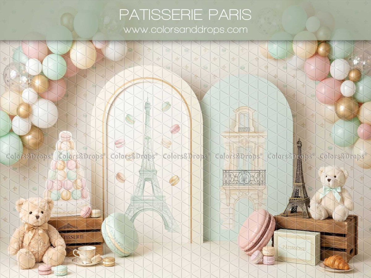 Fondo fotográfico de bebé y smash cake Patisserie Paris – arcos de París con torre Eiffel, globos y macarons | Colors&Drops