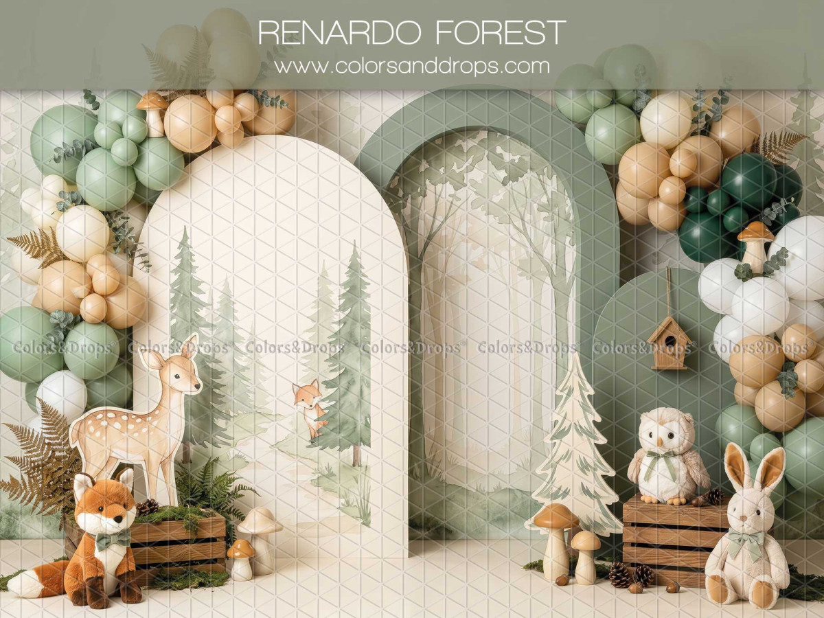 Fondo fotográfico de bebé y smash cake Renardo Forest – arcos de bosque con globos verdes, zorro y conejo | Colors&Drops