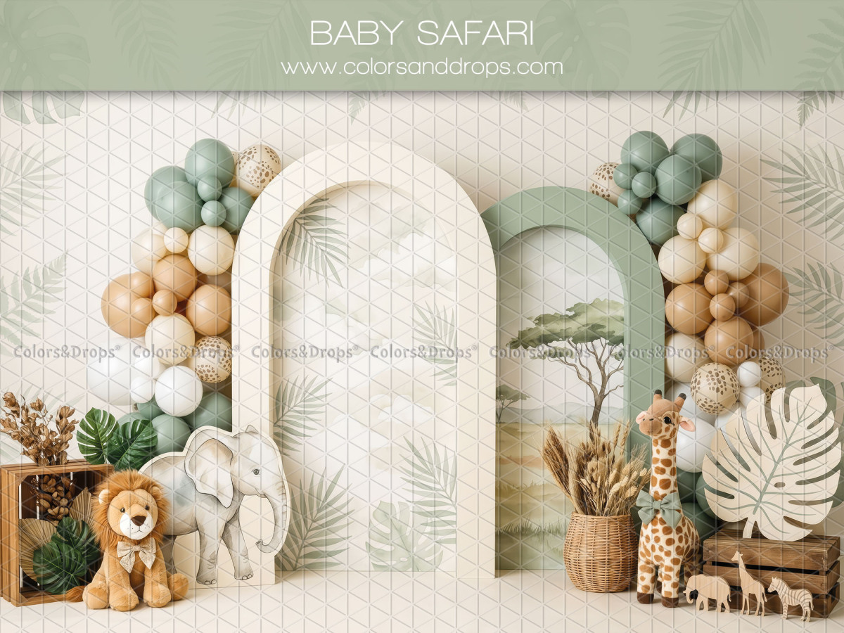 Fondo fotográfico de bebé y smash cake Baby Safari – arcos safari con globos, león y elefante | Colors&Drops