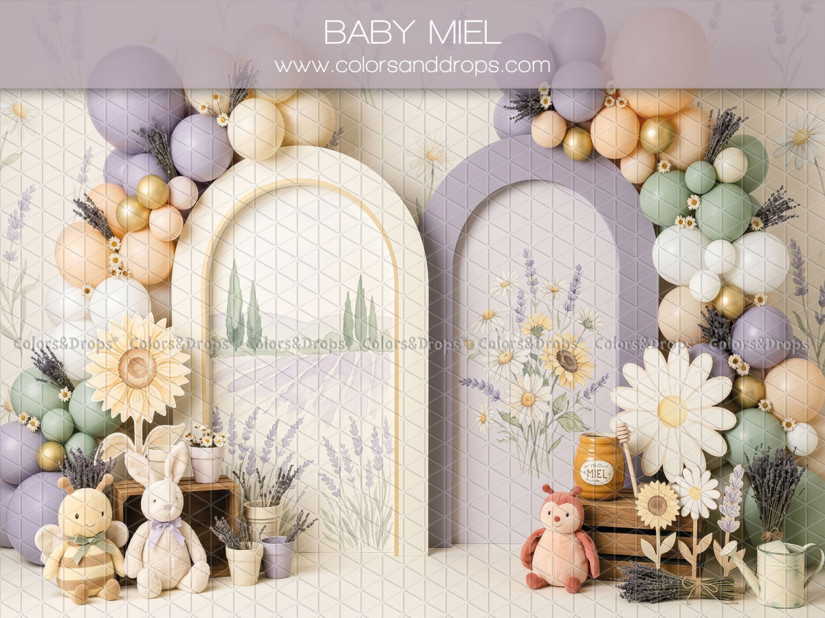 Fond photo Baby Miel arches avec lavande et tournesols pour séance enfant et Smash the Cake