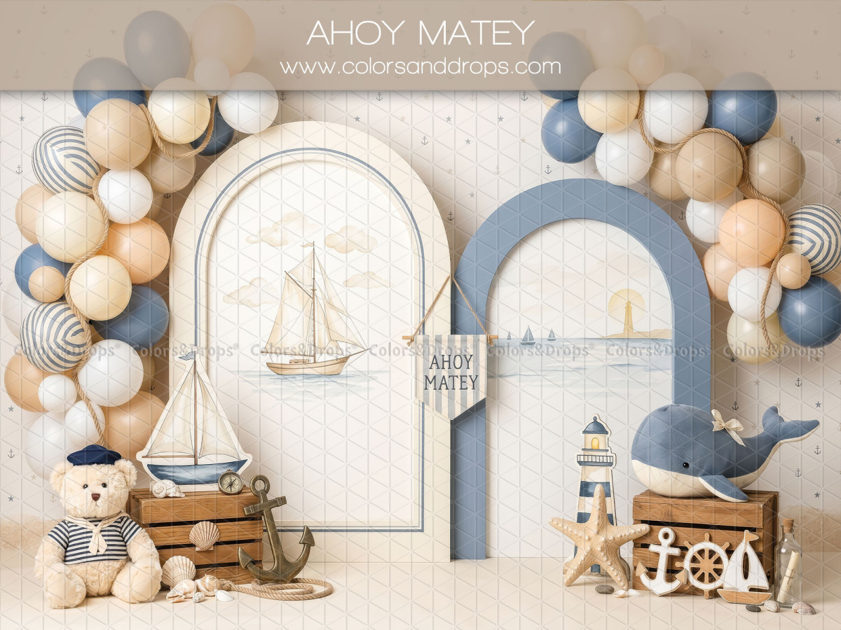 Fondo fotográfico de bebé y smash cake Ahoy Matey – arcos marinos con globos, barco y ballena | Colors&Drops