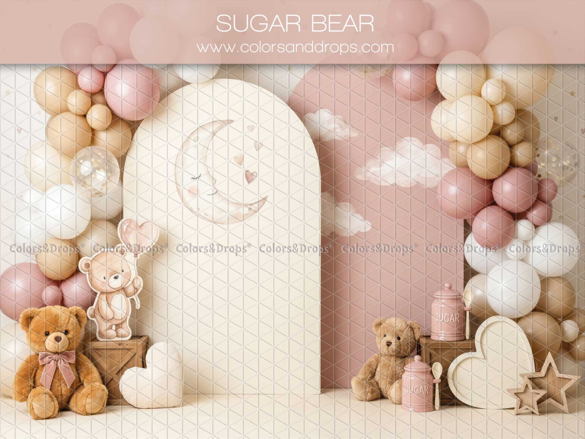 Fondo fotográfico de bebé y smash cake Sugar Bear – arcos rosas con globos, luna y ositos | Colors&Drops