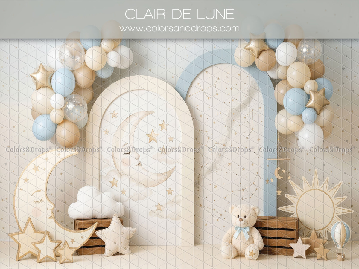 Fondo fotográfico de bebé y smash cake Clair de Lune – arcos azules con globos, luna y nubes | Colors&Drops