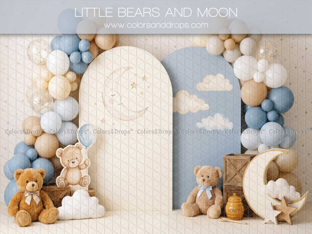 Fondo fotográfico de bebé y smash cake Little Bears and Moon – arcos con globos azules, ositos y luna | Colors&Drops